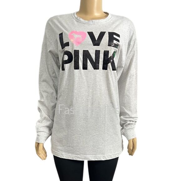 Victoria’s Secret Pink Originals bling sequins campus tee shirt long sleeve Gray - Picture 3 of 8